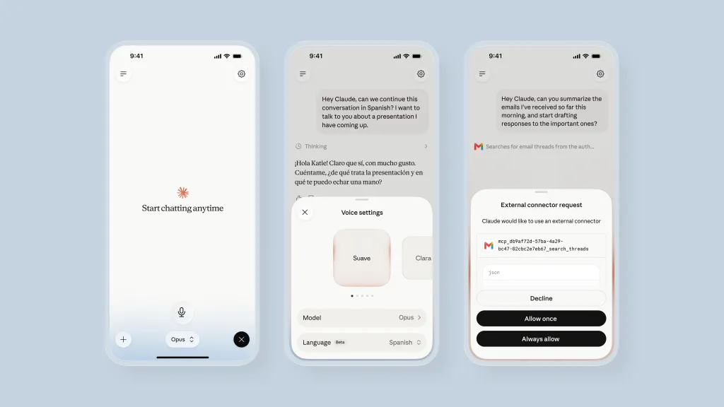 Claude AI Voice Mode Now Supports Opus, Sonnet, Gmail, Google Calendar, and More